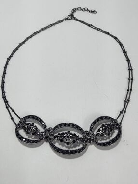 Monet Black Marcasite Style Necklace Vintage Silver Tone Oval Statement 16-18”